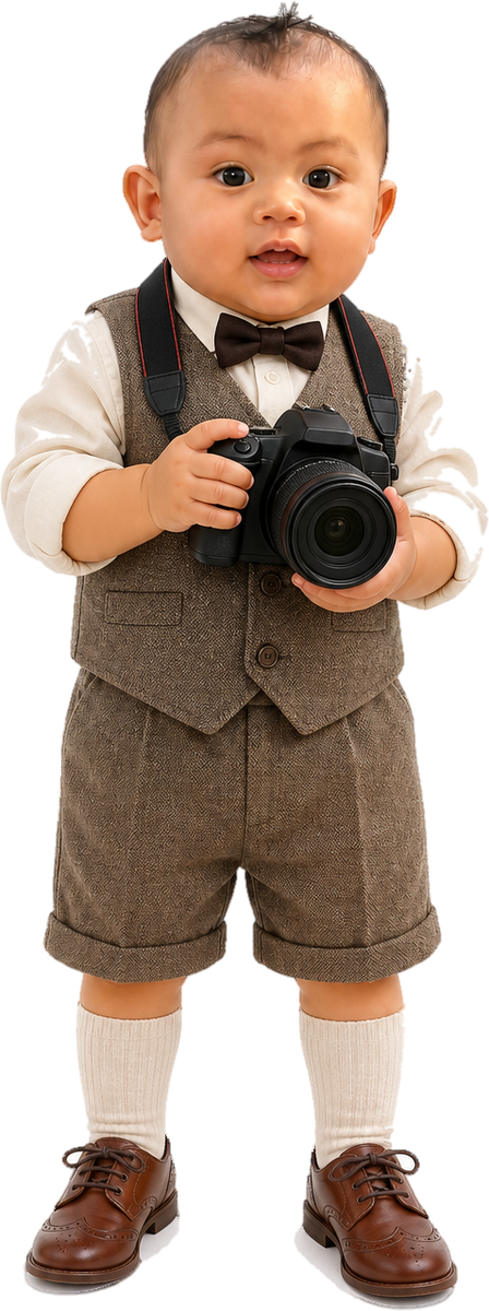 Gee Ezekiel in a tweed vest and bow tie, holding a camera