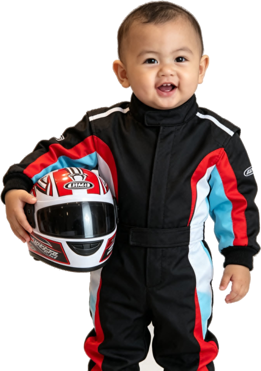 Gee Ezekiel in his racing suit, holding his helmet